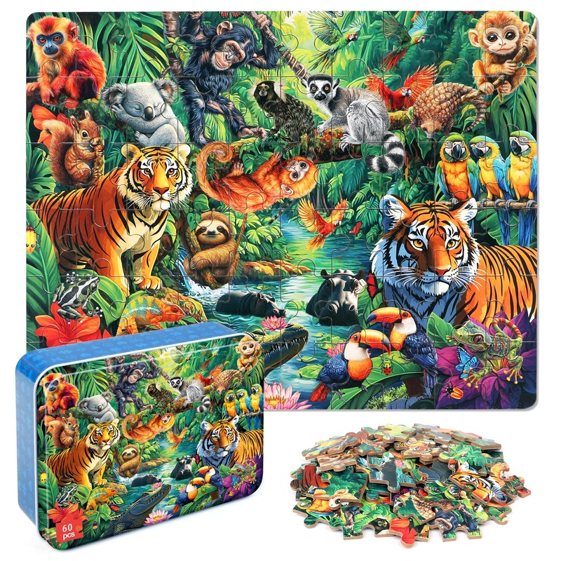 Lelemon Puzzles For Kids Ages 4-6, Jungle Puzzle 60 Piece Puzzles For Kids In A Metal Box, Educational Kids Puzzles Jigsaw Puzzles Childrens Puzzle Games Puzzle Toys For Girls And Boys