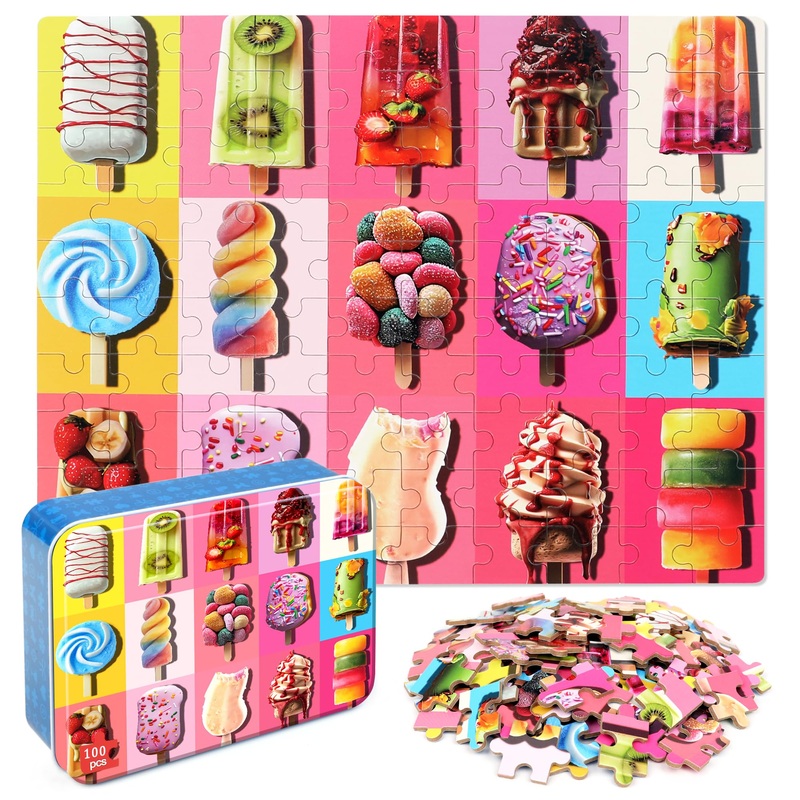 Lelemon Puzzles For Kids Ages 4-6,Popsicle Puzzle 100 Piece Puzzles For Kids In A Metal Box, Educational Kids Puzzles Jigsaw Puzzles 100 Piece Puzzle Games Puzzle Toys For Girls And Boys