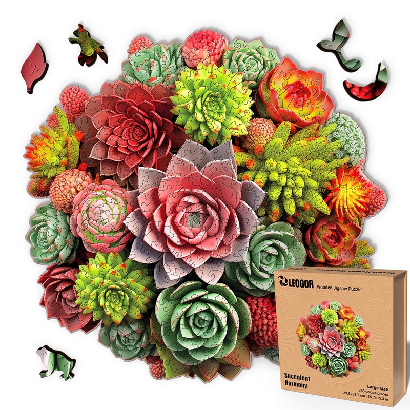 Leogor Large Wooden Jigsaw Puzzles For Adults With Whimsical Pieces  350 Piece Colorful Wood Succulent Puzzle With Unique Animal-Shaped And Flowers-Inspired Pieces  Beautiful Mosaic, 15.7'' X 15.3''