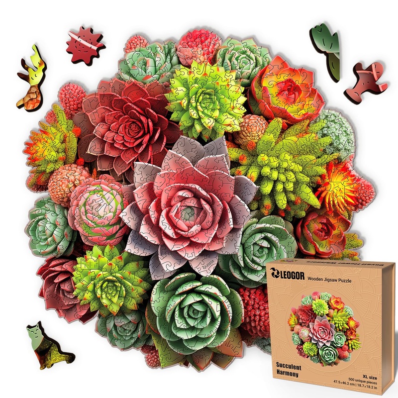 Leogor Large Wooden Puzzles For Adults 500 Piece  Colorful Succulent Jigsaw Puzzle With Unique Laser Cut Animal-Shaped And Flowers-Inspired Wood Pieces  Challenging Design, Xl Size 18.7'' X 18.2''
