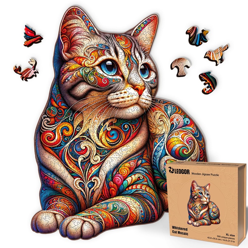 Leogor Large Wooden Puzzles For Adults  Colorful Mosaic Cat Puzzle 500 Piece With Unique Laser Cut Animal-Shaped And Kitten-Inspired Wood Pieces  Challenging Jigsaw, Xl Size 16.8'' X 21.9''