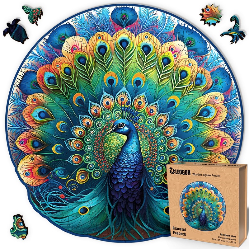 Leogor Mosaic Wooden Jigsaw Puzzles For Adults With Whimsical Pieces  200 Piece Beautiful Peacock Puzzle With Unique Animal-Shaped Wood Pieces  Nature Inspired Design, Medium 12'' X 12''