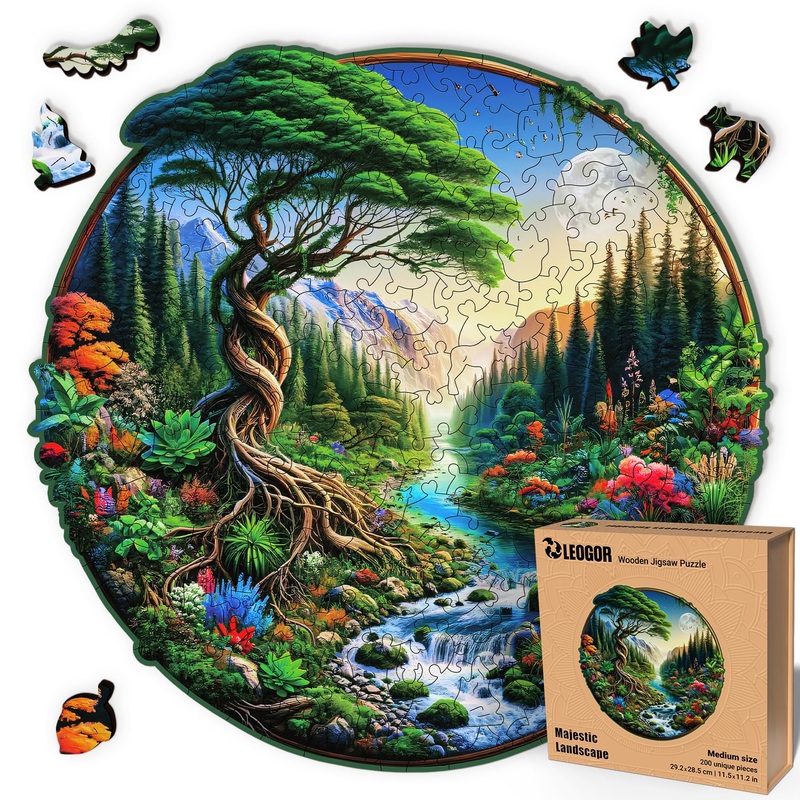 Leogor Mosaic Wooden Jigsaw Puzzles For Adults With Whimsical Pieces  200 Piece Colorful Landscape Puzzle With Unique Animal-Shaped Wood Pieces  Medium 11.5'' X 11.2''