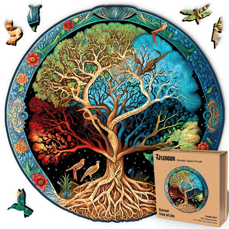 Leogor Mosaic Wooden Jigsaw Puzzles For Adults With Whimsical Pieces  350 Piece Colorful Tree Of Life Jigsaw Puzzle With Unique Animal-Shaped Wood Pieces  Beautiful Design, Large 14.9'' X 15''
