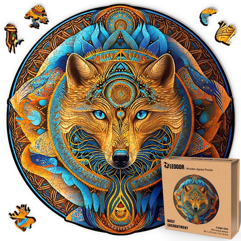 Leogor Mosaic Wooden Jigsaw Puzzles For Adults With Whimsical Pieces  Exquisite Wolf Gifts Featuring Unique Animal-Shaped Wood Pieces  Beautiful Design, 350 Pieces, Large 15'' X 14.8''
