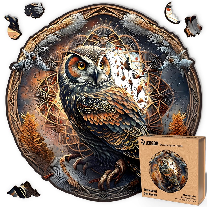 Leogor Mosaic Wooden Jigsaw Puzzles For Adults With Whimsical Pieces  Unique Owl Gifts For Owl Lovers With Animal-Shaped Wood Pieces  Beautiful Design, 200 Piece, Medium 12'' X 11.8''