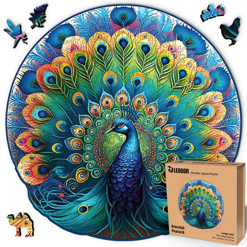 Leogor Wood Puzzles Adult Jigsaw - Exquisite Colorful Wooden Peacock Puzzles For Adults, Unique Laser Cut Animal-Shaped Challenging Colorful Mosaic, 350 Pieces, Large 15'' X 15''