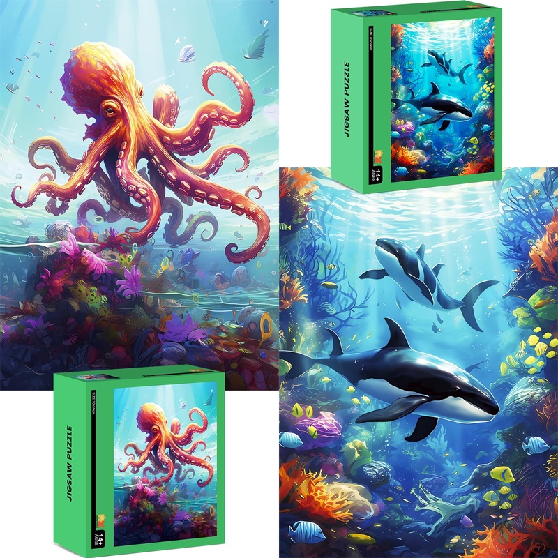 Mjyphdm 2 Pack 1000 Piece Puzzle, Jigsaw Puzzles 1000 Pieces For Adults, 1000 Piece Puzzle For Adults, Killer Whales Puzzles For Adults, Octopus Jigsaw Puzzles For Adults