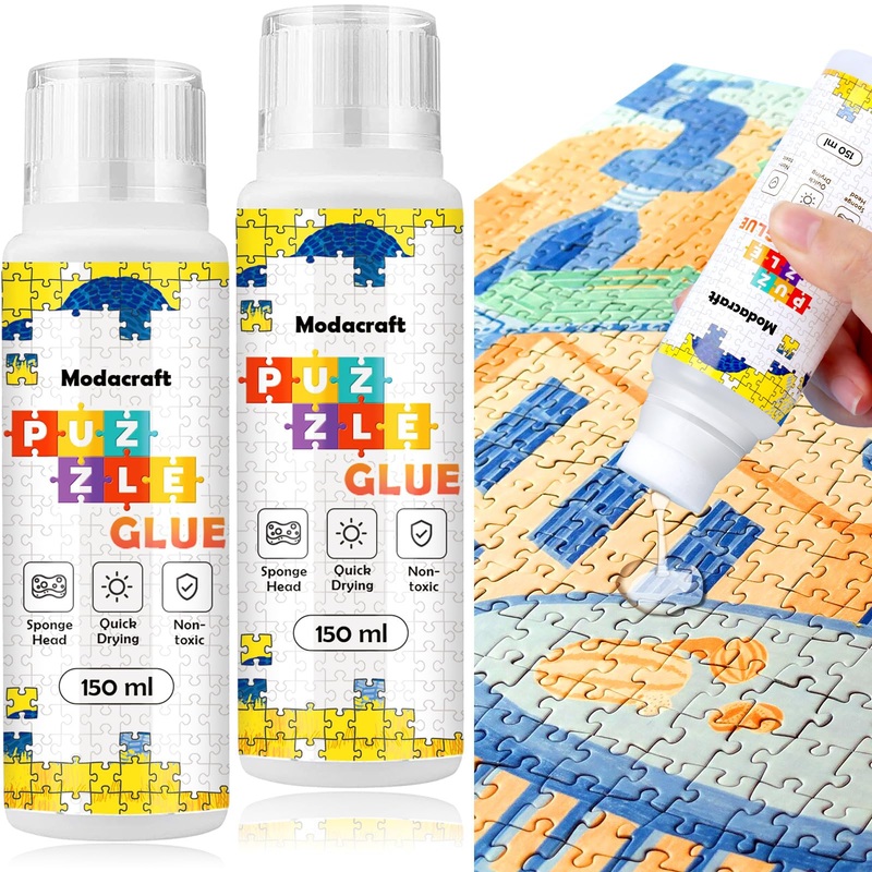 Modacraft 2 Pack 150Ml Jigsaw Puzzle Glue With New Sponge Head, Suitable For 1000/3000/5000 Pieces Of Paper And Wood Puzzle, Clear Quick Dry Jigsaw Puzzle Glue, Used Of Paper Puzzles, 300Ml In Total