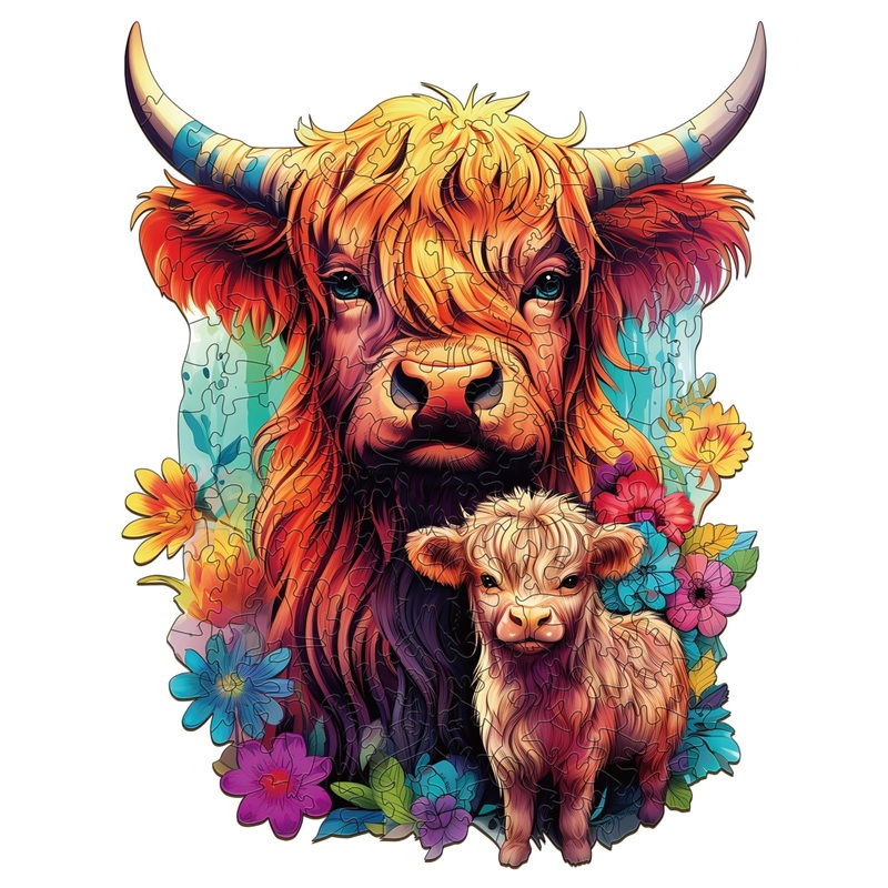 Woodbests Wooden Puzzle For Adults, Highland Cattle Family Puzzle (M, 170Pcs, 9.2'X11.4') Beautiful Wooden Box, Wooden Jigsaw Puzzles Unique Shape, Birthday Gifts For Adults And Kids Family Game