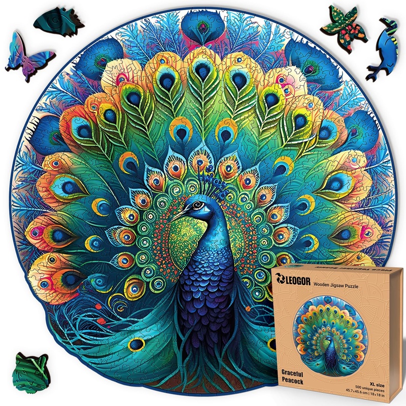 Wooden Jigsaw Puzzles For Adults  Peacock Puzzle  Round Puzzles For Adults 500 Piece, Extra-Thick 5Mm Wood, Challenging Puzzle By Leogor, Xl Size 18' X 18'