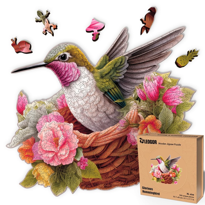 Wooden Puzzles For Adults 500 Piece - Hummingbird Puzzle  Unique Animal Shaped Pieces, Extra-Thick 5Mm Wood, Challenging & Fun Jigsaw For Puzzle Enthusiasts By Leogor, Xl Size 21.1' X 17.7'