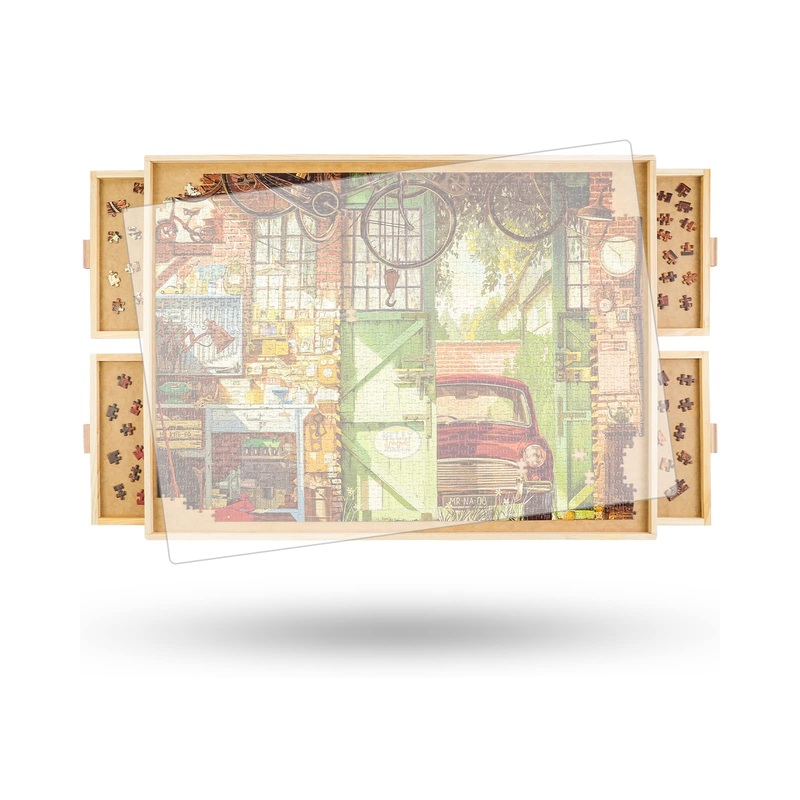 All4Jig 1000 Piece Rotating Puzzle Board With Drawers And Cover 22'X30'Portable Wooden Jigsaw Puzzle Table For Adults Portable,Lazy Susan Spinning Puzzle Boards