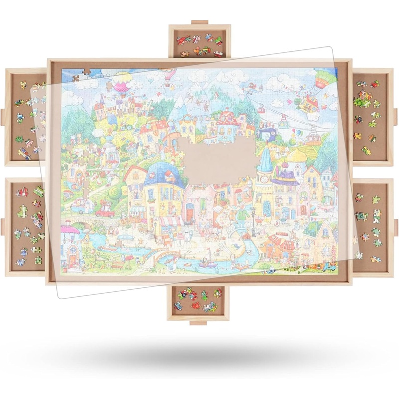 All4Jig 2000 Pieces Rotating Puzzle Board With 6 Drawers And Cover,29.6'X41.3'Portable Wooden Jigsaw Puzzle Table For Adults,Lazy Susan Spinning Puzzle Boards Birthday Gift For Mom