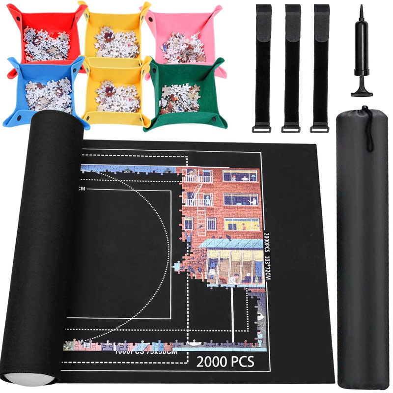 Jigsaw Puzzle Mat Roll Up - 2000 1500 1000 500 Pcs Puzzles Mats, Black Smooth Top & Non-Slip Felt Bottom Roll-Up Puzzle Matte For Sorting Table, Board, Frame, Storage+ 6 Save Trays. For Adults