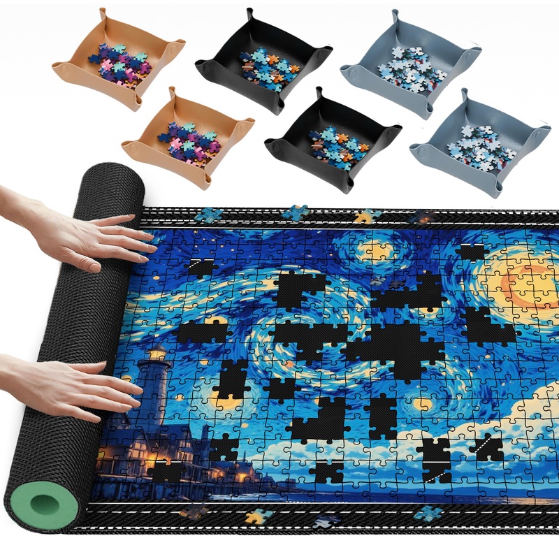 Lwoeo Jigsaw Puzzle Mat Roll Up, Black 48.4 X 30.7 Smooth Top Saver Pad Up To 2000 Pieces,Large Puzzel Matt Rollup With 6 Sorting Trays & 1 Storage Bag For Sorting Table, Board, Frame Puzzles Mats
