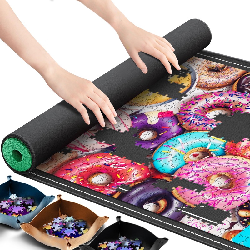 Lwoeo Jigsaw Puzzle Mat Roll Up, No Creases 48 X 30.7 Rubber Saver Pad Up To 2000 Pieces, Black Large Puzzel Matte Rollup With 6 Sorting Trays & 1 Storage Bag. Ideal For Holiday And Birthday
