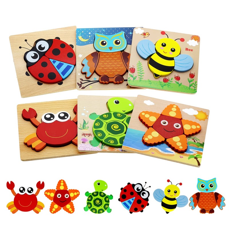 Montessori Toys For 1 2 3 Year Old Boys Girls Wooden Toddler Puzzles Kids Infant Baby Educational Learning Toys For Toddlers 1-3 Gifts 6 Animal Shape Jigsaw Eco Friendly Travel Stem Building Toy Games