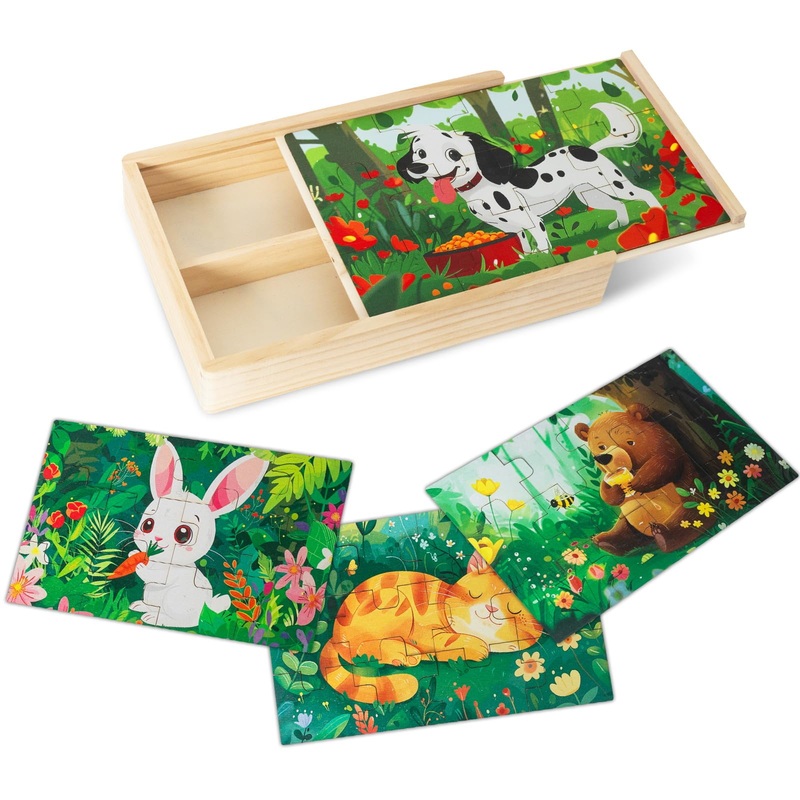 Nattork Wooden Puzzles For Kids Ages 4-8, 4-In-1 Wooden Jigsaw Puzzles In A Box (48 Pcs), Toddler Educational Toy Gift With Animals Cat Puzzles, Funny Puzzle Game For Kids Ages 3-5
