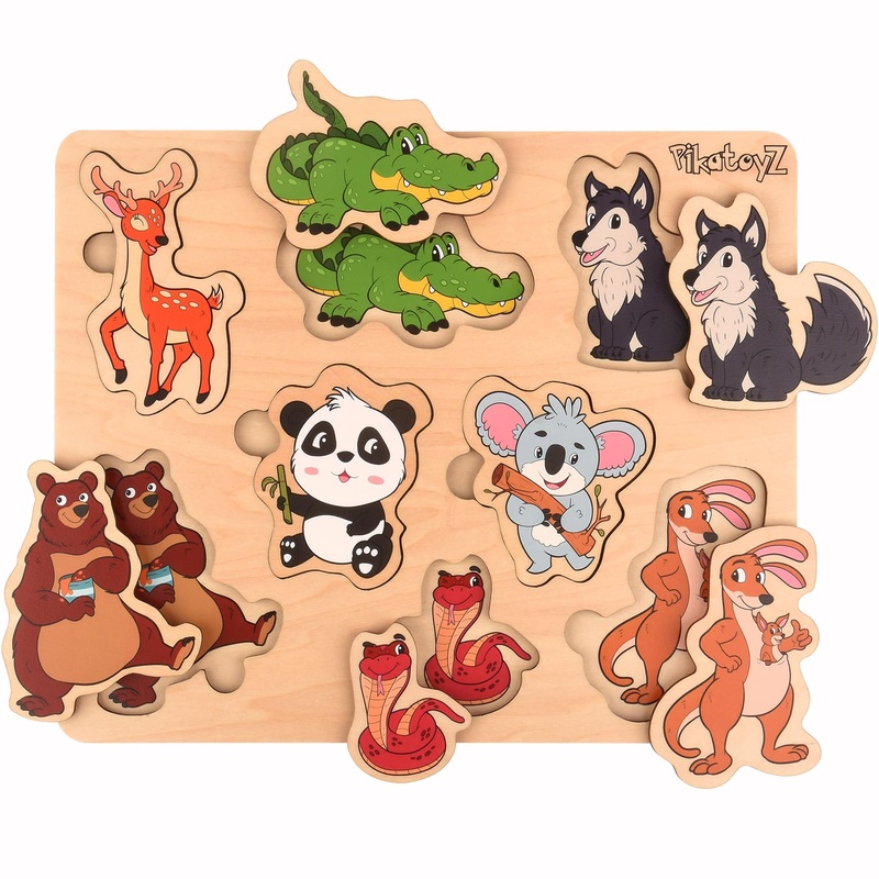 Pikatoyz Wooden Puzzle, Forest Animals, 8 Pieces, Ages 1-3, Montessori Toy For Gifts, Educational Game For Babies And Children, Portable Baby Puzzles