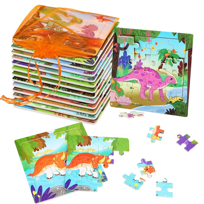 Sannix 12 Pack Dinosaur Wooden Jigsaw Puzzles With 12 Organize Bags, Dinosaurs Animals Toddlers Puzzles For Kids Ages 3 4 5, Party Favors Educational Learning Travel Toys For Boys Girls