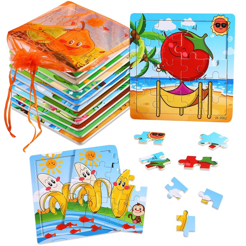 Sannix 12 Pack Wooden Jigsaw Puzzles For Toddlers 3 4 5 Years Old, Party Favors Animals Jigsaw For Kids, Transportation Educational Puzzles Travel Toy With 12 Organize Bags