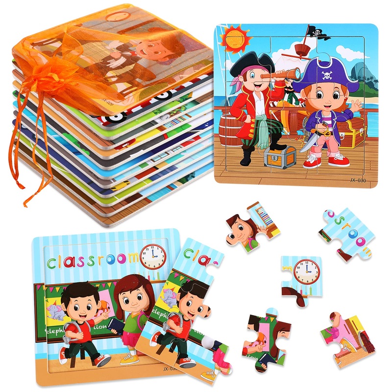 Sannix 12 Pack Wooden Jigsaw Puzzles For Toddlers, Characters Puzzles For Kids Party Favors, Educational Puzzles Learning Travel Toy With 12 Organize Bags