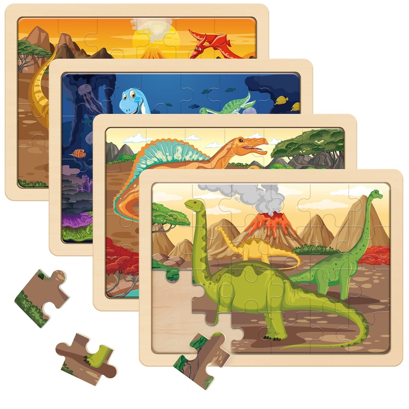 Synarry Large Dinosaur Wooden Puzzles For Kids 4 In 1 Gift Box(12.2 * 9.4 In) - Fsc Certified, Jigsaw Puzzles For Kids Ages 4-6, Dinosaur Toys Gifts For 3 4 5 Year Old Boys Girls