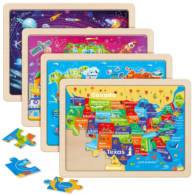 Synarry Large Us World Earth Solar System Wooden Puzzles For Kids Gift Box(12.2*9.4 In) - Fsc Certified, Puzzles For Toddlers 3-5, Puzzles For Kids Ages 4-6, Map Toys Gifts For 3 4 5 Year Old Boy Girl