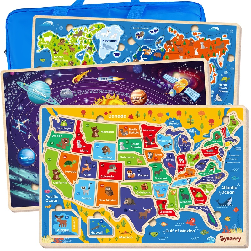 Synarry Large Usa World Solar System Wooden Puzzles For Kids Ages 4-6, Wood Jigsaw Puzzles Educational Games Toys Gifts For Toddlers, Learning United States World Space Maps For Boys Girls Ages 3-8