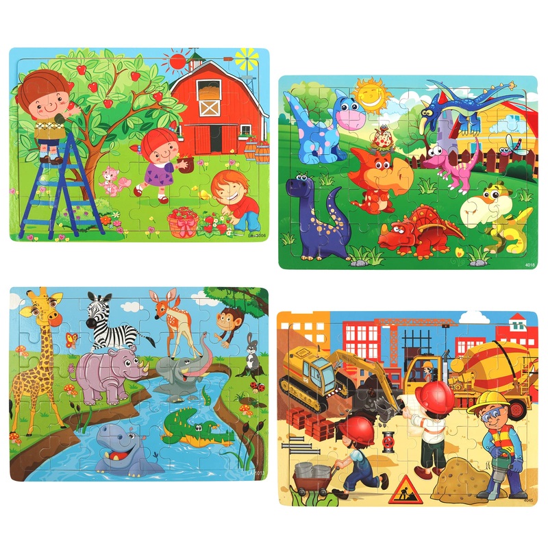Synarry Puzzles For Kids Ages 4-8, 4 Pack Wooden Jigsaw Puzzles For Kids Ages 3-5 Years Old 40 Pieces, Preschool Puzzle Toy Gift For Children Boys And Girls, Farm Dinosaur Animal Construction Theme