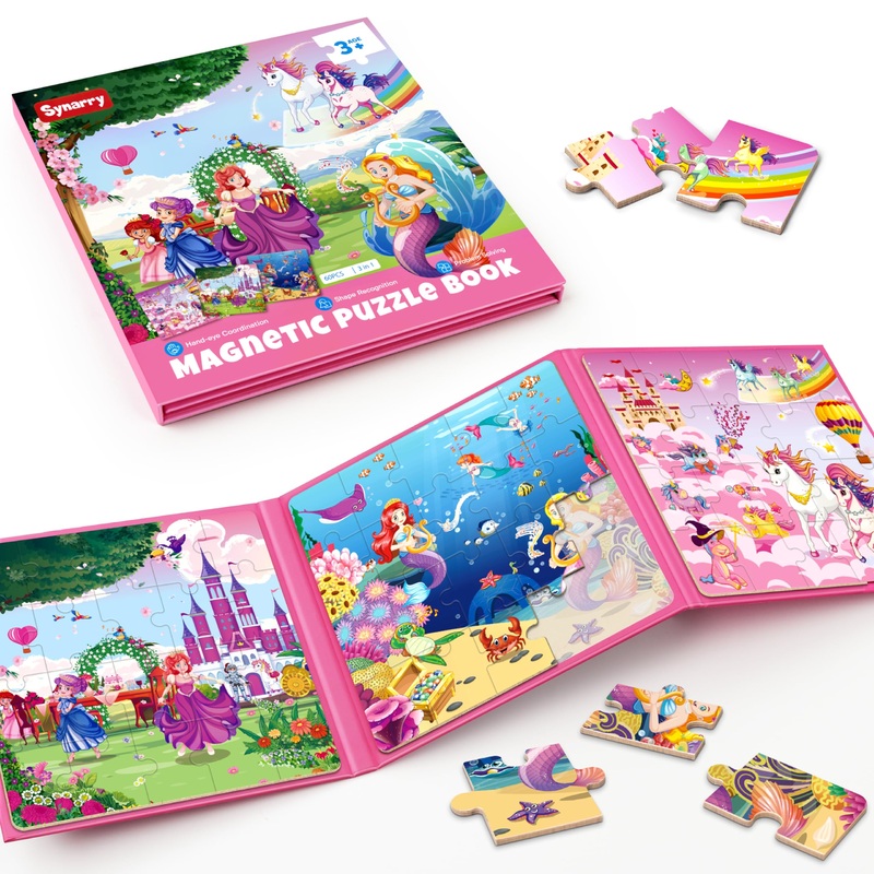 Synarry Unicorn Mermaid Princess Magnetic Puzzles For Toddlers 3-5 Girls, 20 Pieces Travel Puzzles For Kids Ages 4-6, Car Airplane Road Trip Activities Toys For 3 4 5 6 Year Old Girls Birthday Gifts