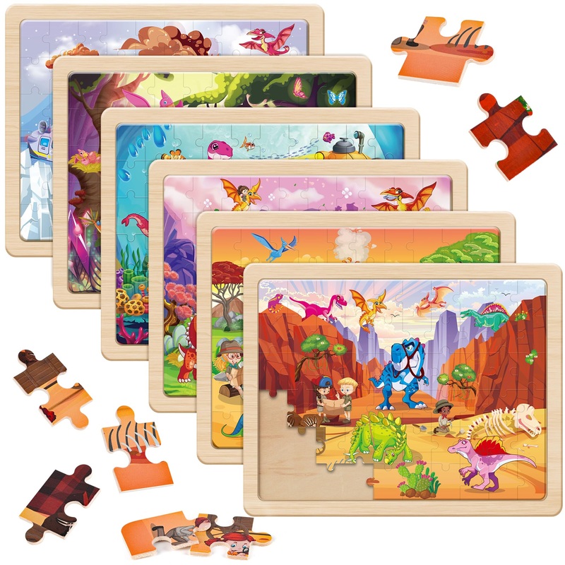 Synarry Wooden Dinosaur Puzzles For Kids Ages 4-6, 6 Packs 60 Pcs Jigsaw Puzzles Educational Toys Gifts For Children Ages 4-8, Kids Puzzles For 4+ Year Olds Boys Girls, Wood Puzzles Ages 3 4 5 6 7 8