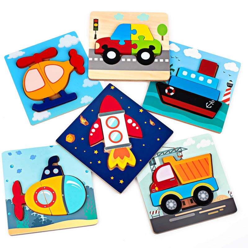 Synarry Wooden Vehicle Puzzles For 1 2 3 Years Old Boys Girls, Toddlers Puzzle For 12 18 24 Month, Baby Montessori Educational Toys Gifts With 6 Vehicles Transportation Puzzles, Vibrant Color Shapes