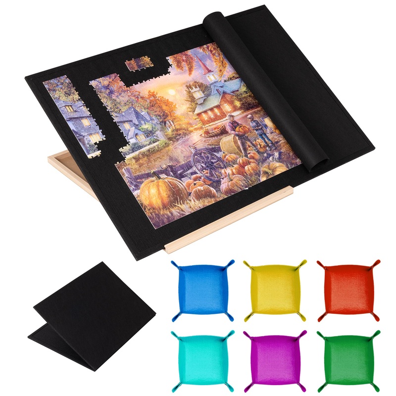 Tektalk Foldable Jigsaw Puzzle Board With 4 Angle Adjustable Bracket/Stand, Lightweight Portable Puzzle Mat Plateau With Wooden Easel, Foldaway Felt Puzzle Table, For Up To 1500 Pieces (Black)