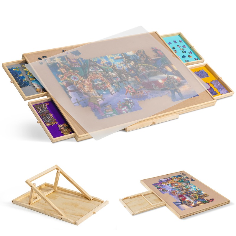 Tektalk Jigsaw Puzzle Table With Integrated Adjustable Stand/Bracket And Removable Cover, 3-Tilting-Angle Wooden Plateau Portable Puzzle Board With 4 Sorting Drawers, For Up To 1500 Pieces