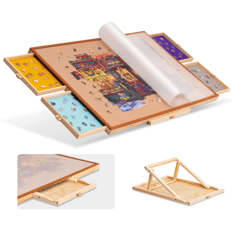 Tektalk Jigsaw Puzzle Table With Leather Bar, Wooden Plateau Portable Puzzle Board Saver With Embedded Adjustable Stand/Bracket And Removable Cover, 4 Sorting Drawers, For Up To 1500 Pieces