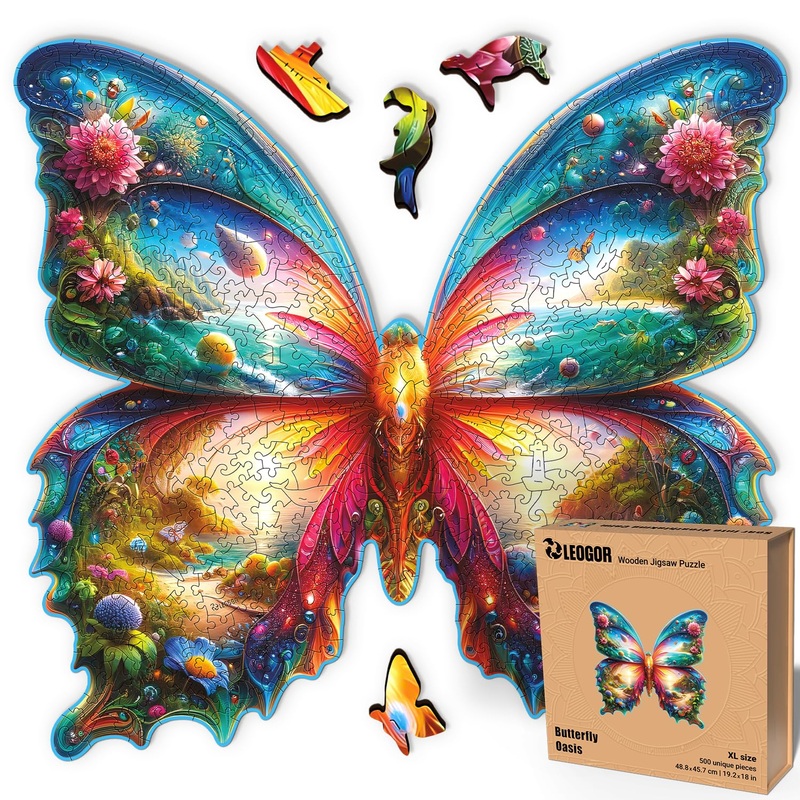 Wooden Puzzles For Adults 500 Piece  Butterfly Puzzle  Extra-Thick 5Mm Wood Jigsaw Puzzle, Challenging Puzzle By Leogor, Xl Size 19.2' X 18'