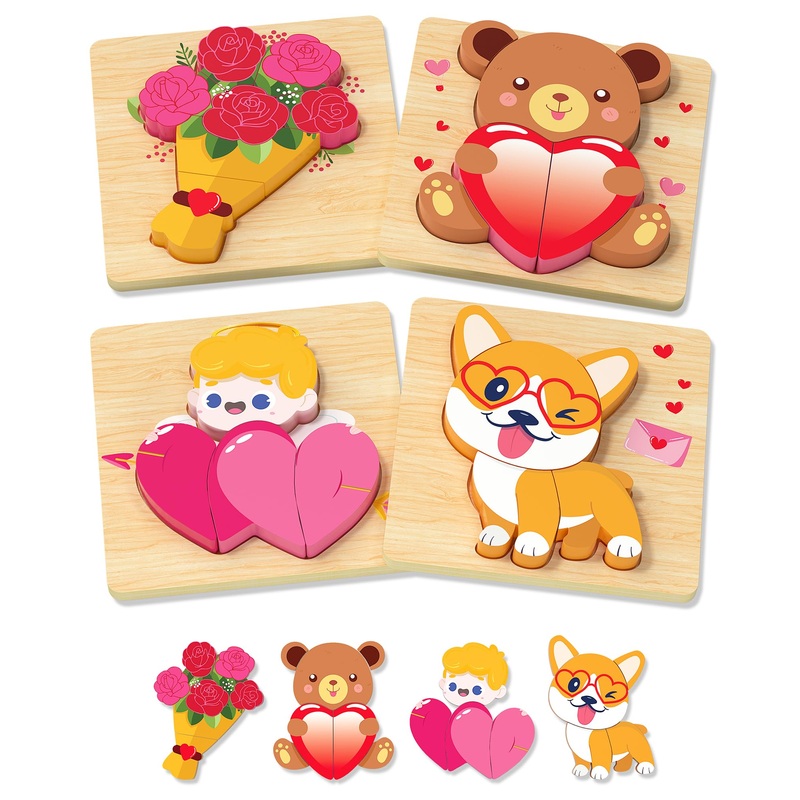 Yetonamr Valentines Wooden Puzzles Gifts For Kids, 4 Pack Toddler Valentines Day Toys For Boys Girls, Valentines Gifts For Kids Classroom, Montessori Toys Valentines Day Party Favors