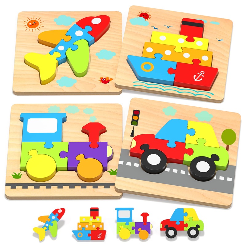 Yetonamr Wooden Toddler Puzzles Gifts Toys For 1 2 3 Years Old Boys Girls, 4 Vehicle Shape Montessori Toys Educational Blocks Kids Toys Gift Baby Learning Toy Age 1-3, 2-4