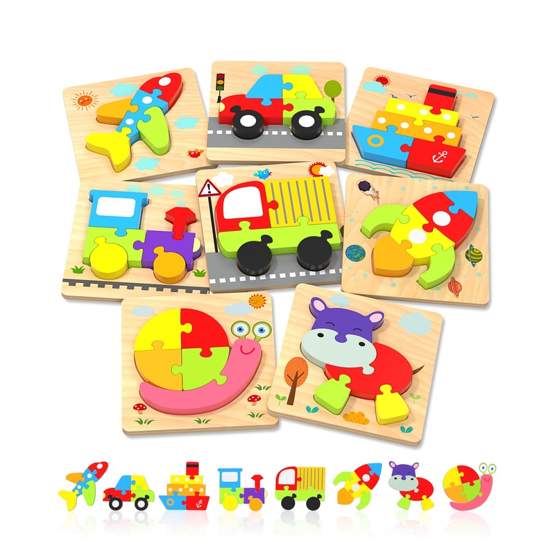 Yetonamr Wooden Toddler Puzzles Gifts Toys For 1 2 3 Years Old Boys Girls, 8 Vehicle Shape Montessori Toys Educational Blocks Kids Toys Gift Baby Learning Toy Age 1-3, 2-4