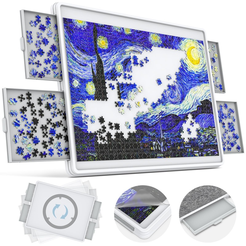 1500 Piece Rotating Puzzle Board 4 Drawers And Cover, 35'X28' Double Sided Felt Mat Portable Jigsaw Puzzle Table With Lazy Susan Spinning For Adults And Kids
