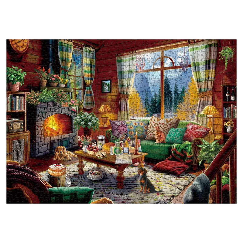 Cozy Cabin Winter Scene Puzzle 1000 Piece For Adults, Book Cozytime Jigsaw Puzzle Coffee Table, Dog Cat Puzzle