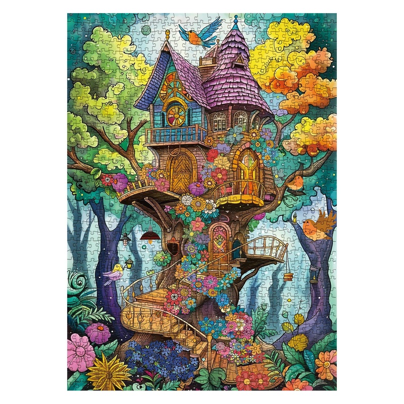 Fantasy Magic Treehouse Puzzles For Adults 1000 Piece, Funny Nature Tree Jigsaw Puzzle, Colorful Plant Flower Puzzle