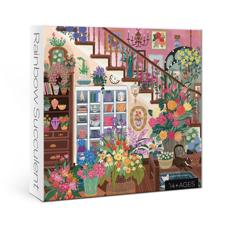 Flower Plant Puzzles 1000 Piece For Adults, Colorful Aesthetic Floral Art Jigsaw Puzzles, Cute Pretty Housepant Succulent Teacup Cat Puzzle