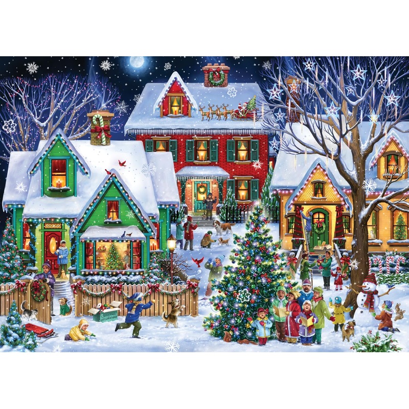 Neighborhood Christmas Jigsaw Puzzle 1000 Piece By Vermont Christmas Company - Fully Interlocking & Randomly Shaped Pieces - 26 5/8' X 19 1/4'