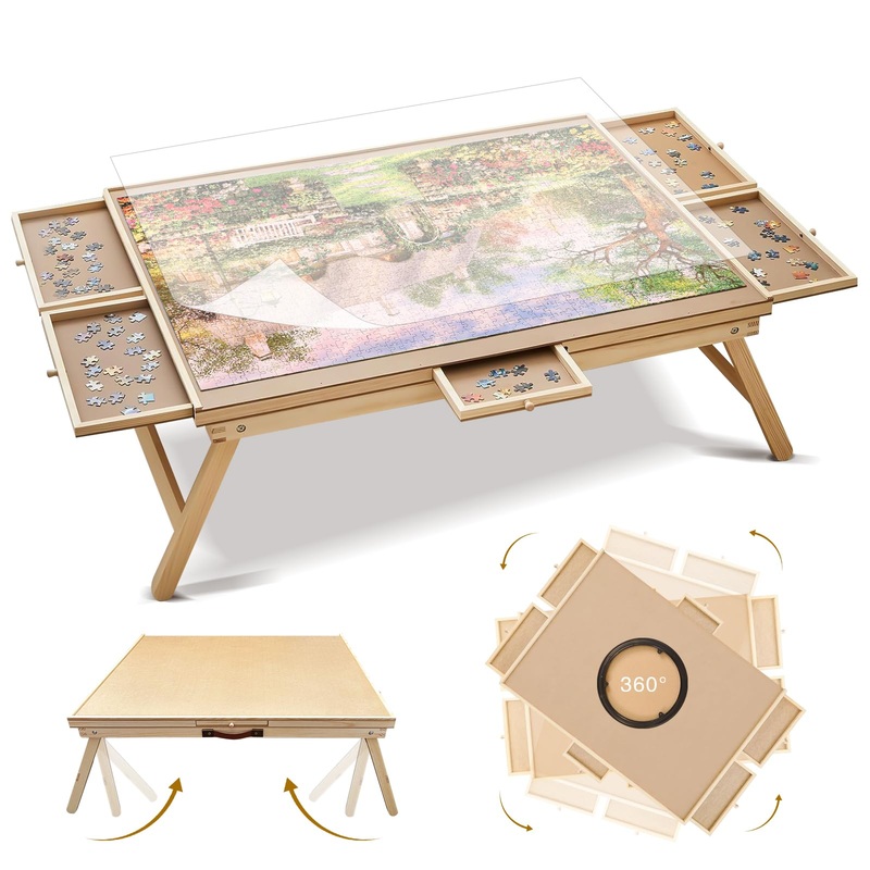 Talgic 1500 Piece Wooden Puzzle Board With 6 Drawers, Cover And Legs, 27'X35' Rotating Adjustable Jigsaw Puzzle Table For Adults, Portable & Folding Puzzle Accessories For Birthday Gift