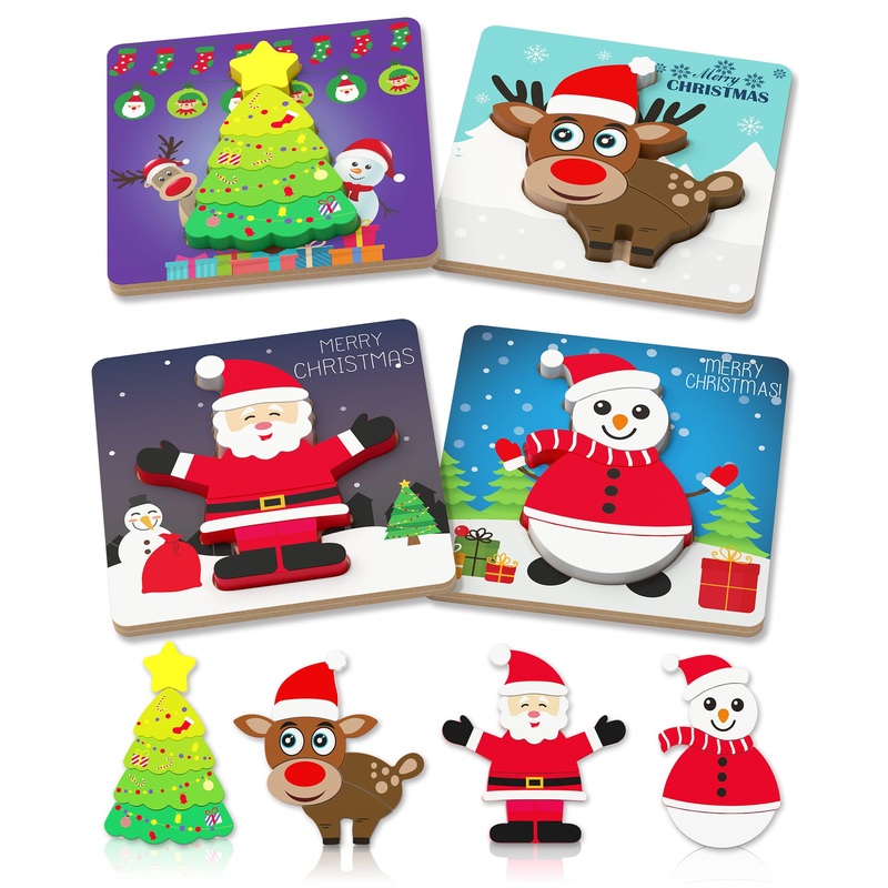 Benresive Christmas Wooden Toddler Puzzles Ages 1-3, Montessori Toys For 1 2 Year Old Boys Girls, 4 Pack Christmas Toddler Toys Birthday Gifts For 1 2 Year Old Boys Girls, Learning Educational Puzzles