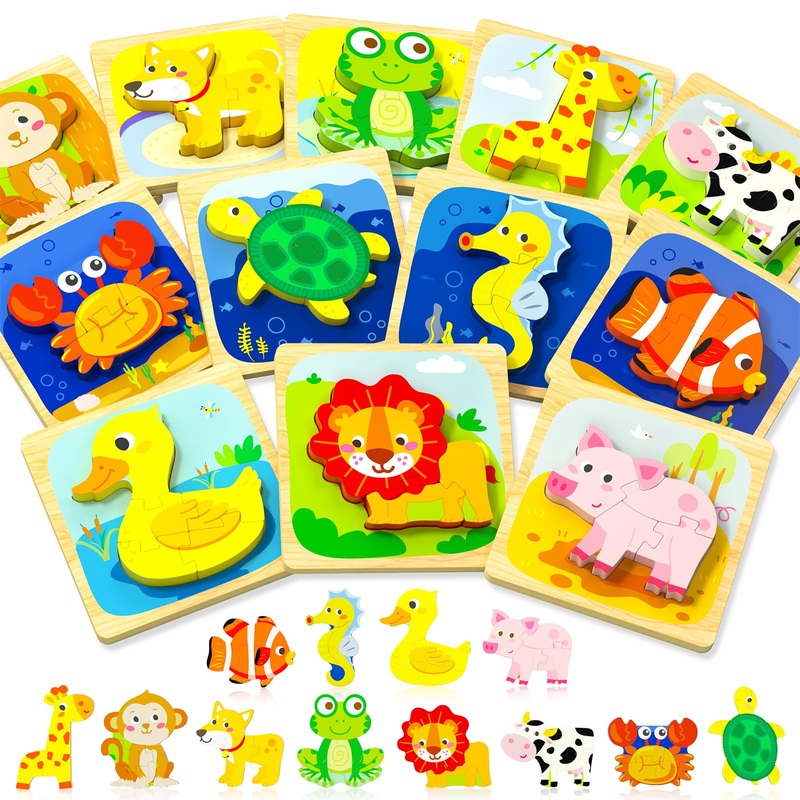 Benresive Wooden Toddler Puzzles Ages 1-3, Montessori Toys For 1 2 3 Year Old Boys Girls, 12 Pack Animal Toddler Toys Gifts For 1 2 3 Year Old Boys Girls, Learning Educational Preschool Toys