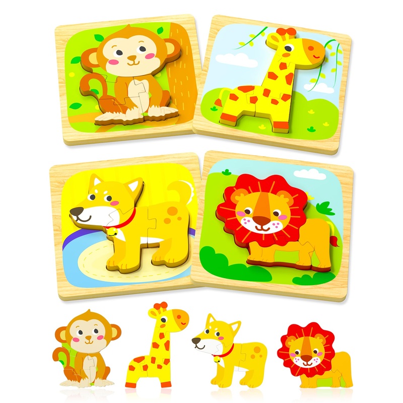 Benresive Wooden Toddler Puzzles Ages 1-3, Montessori Toys For 1 2 3 Year Old Boys Girls, 4 Pack Animal Toddler Toys Gifts For 1 2 3 Year Old Boys Girls, Learning Educational Preschool Puzzles